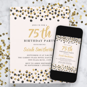 White Black Gold Confetti Glitter 75th Birthday Invitation