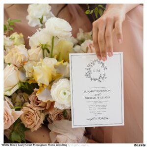 White Black Leafy Crest Monogram Photo Wedding Invitation