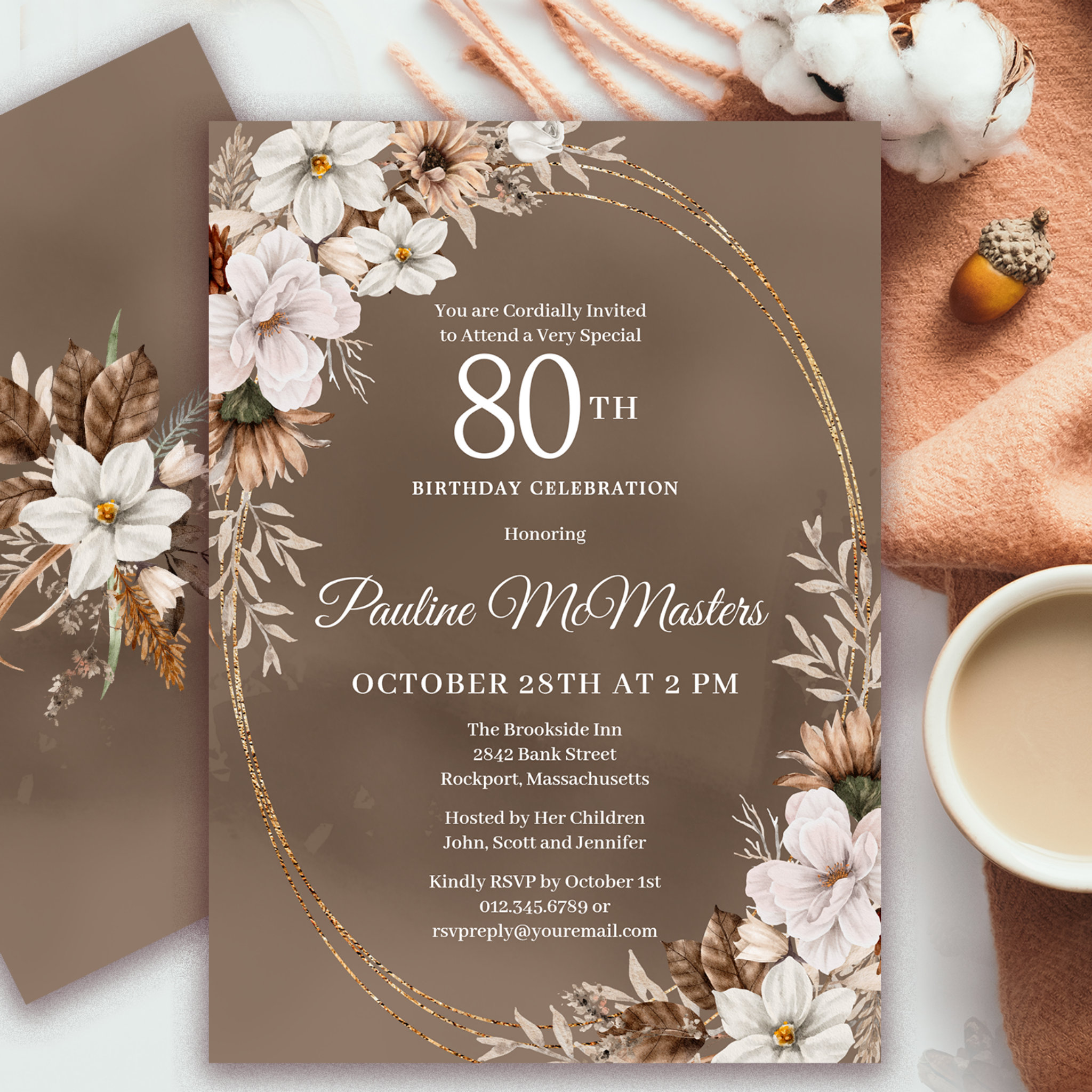 White Floral Neutral Fall Bouquet 80th Birthday  Invitation