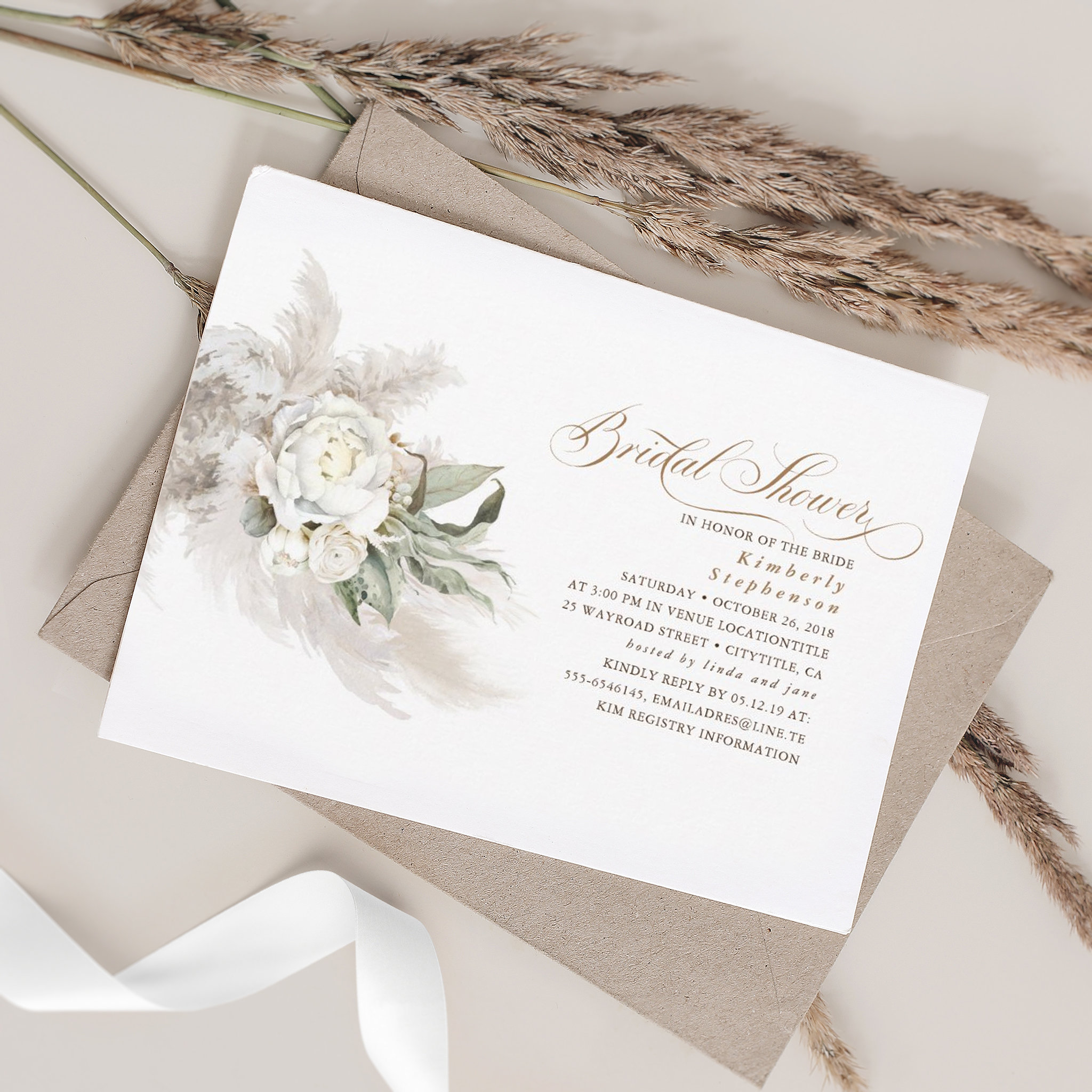 White Flowers Pampas Grass Greenery Bridal Shower Invitation