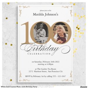 White Gold Custom Photo 100th Birthday Party Invitation