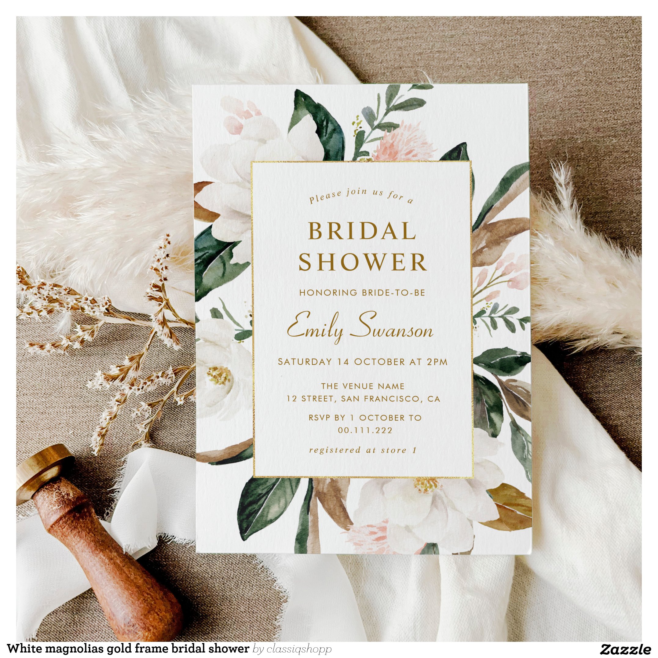 White magnolias gold frame bridal shower invitation
