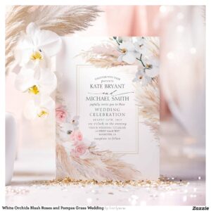 White Orchids Blush Roses and Pampas Grass Wedding Invitation