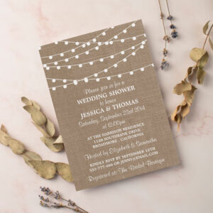 White String Lights, Rustic Burlap Wedding Shower Invitation