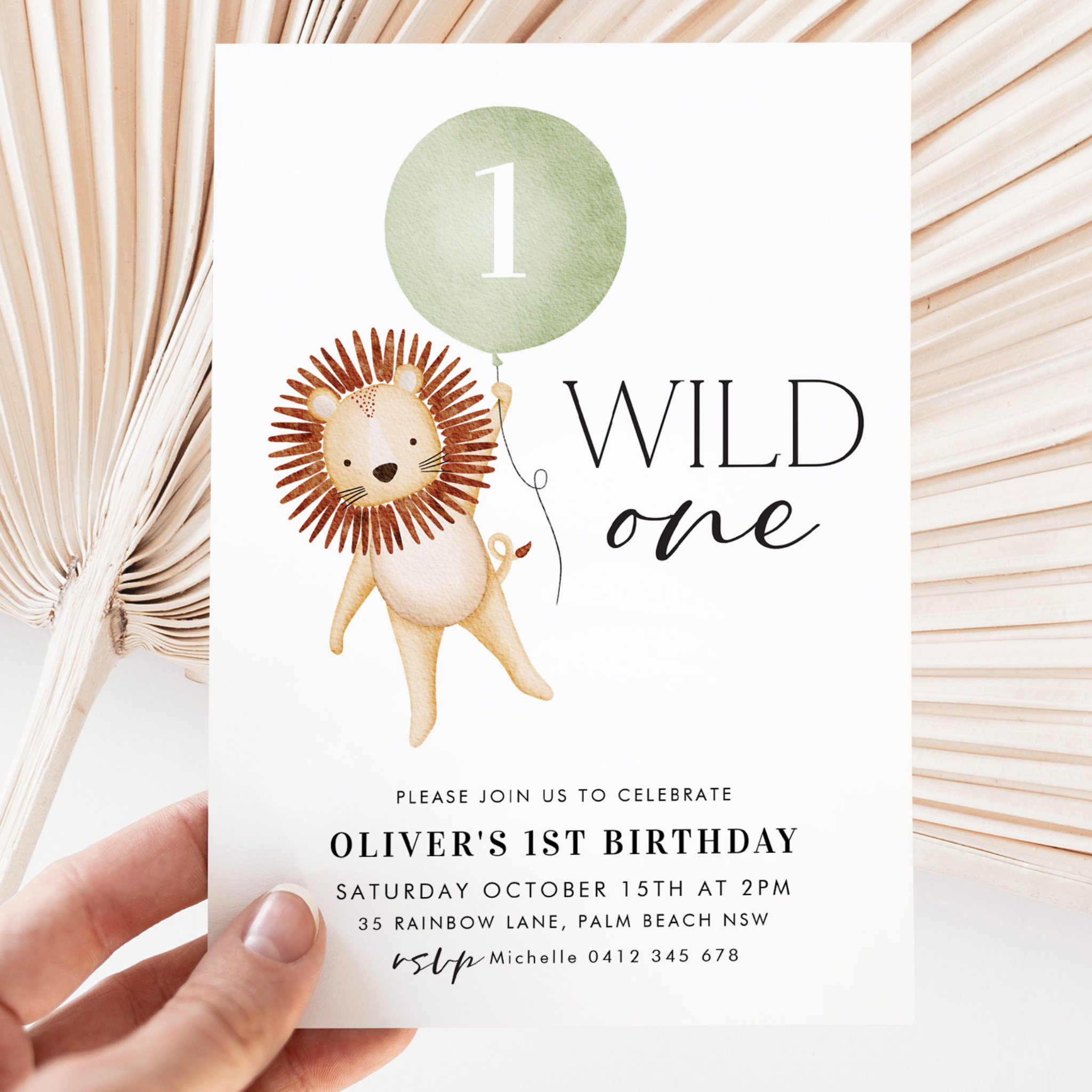 Wild One Lion Sage Balloon Boys 1st Birthday Party Invitation