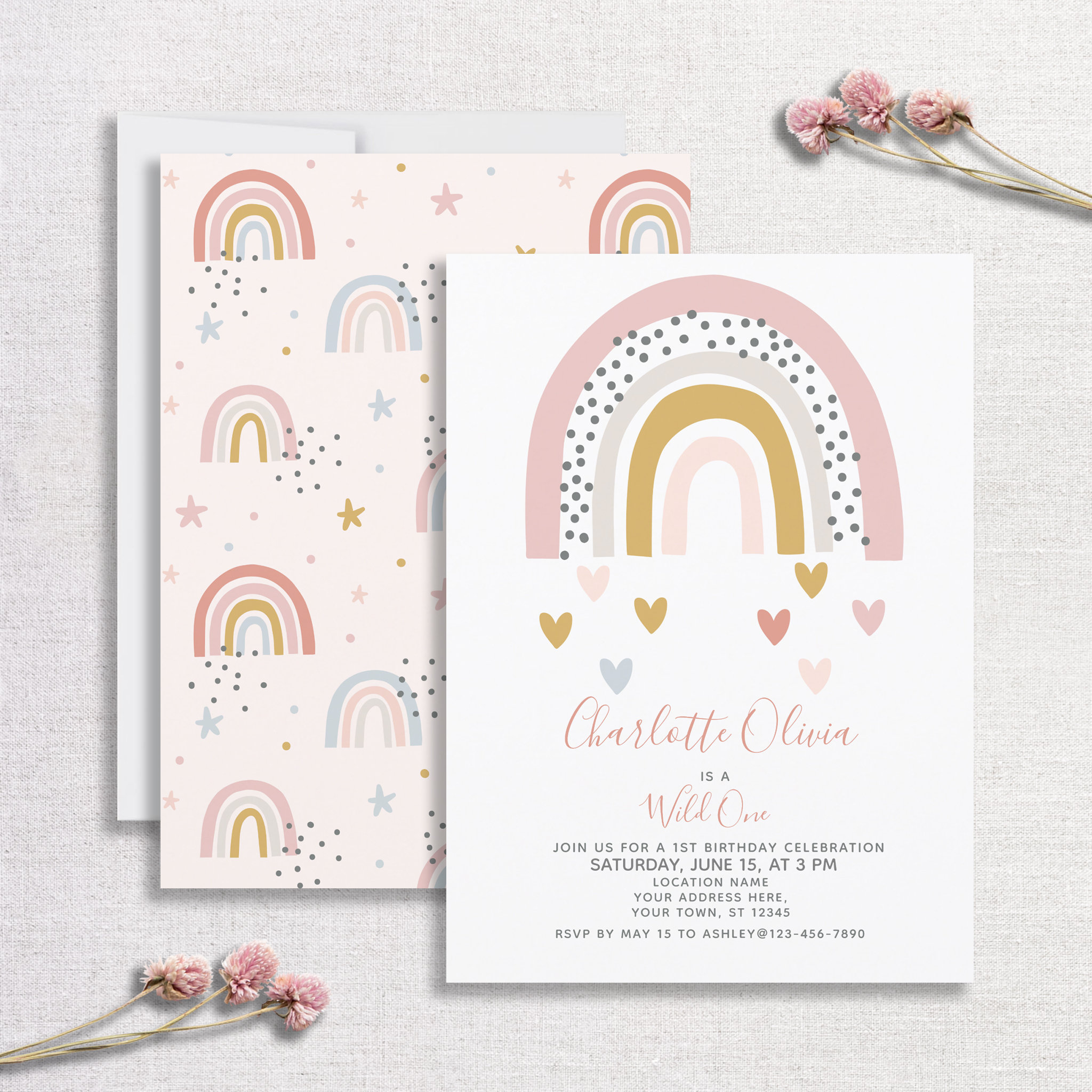 Wild One Muted Rainbow Girl's 1st Birthday Party Invitation