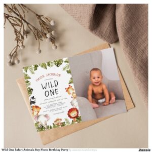 Wild One Safari Animals Boy Photo Birthday Party Invitation
