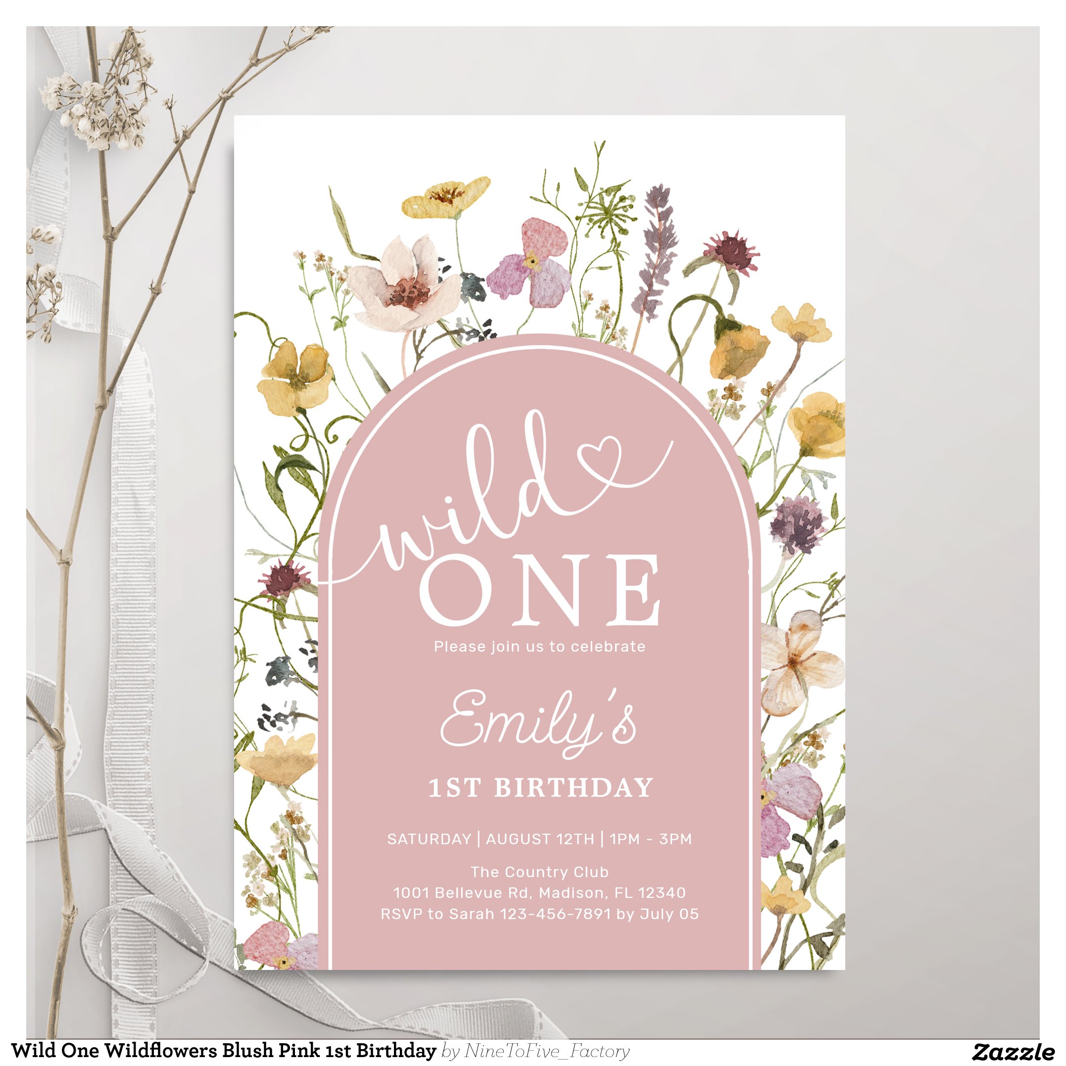 Wild One Wildflowers Blush Pink 1st Birthday Invitation