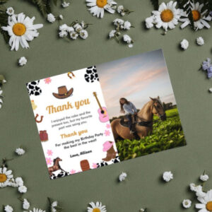 Wild west cowgirl birthday party thank you card