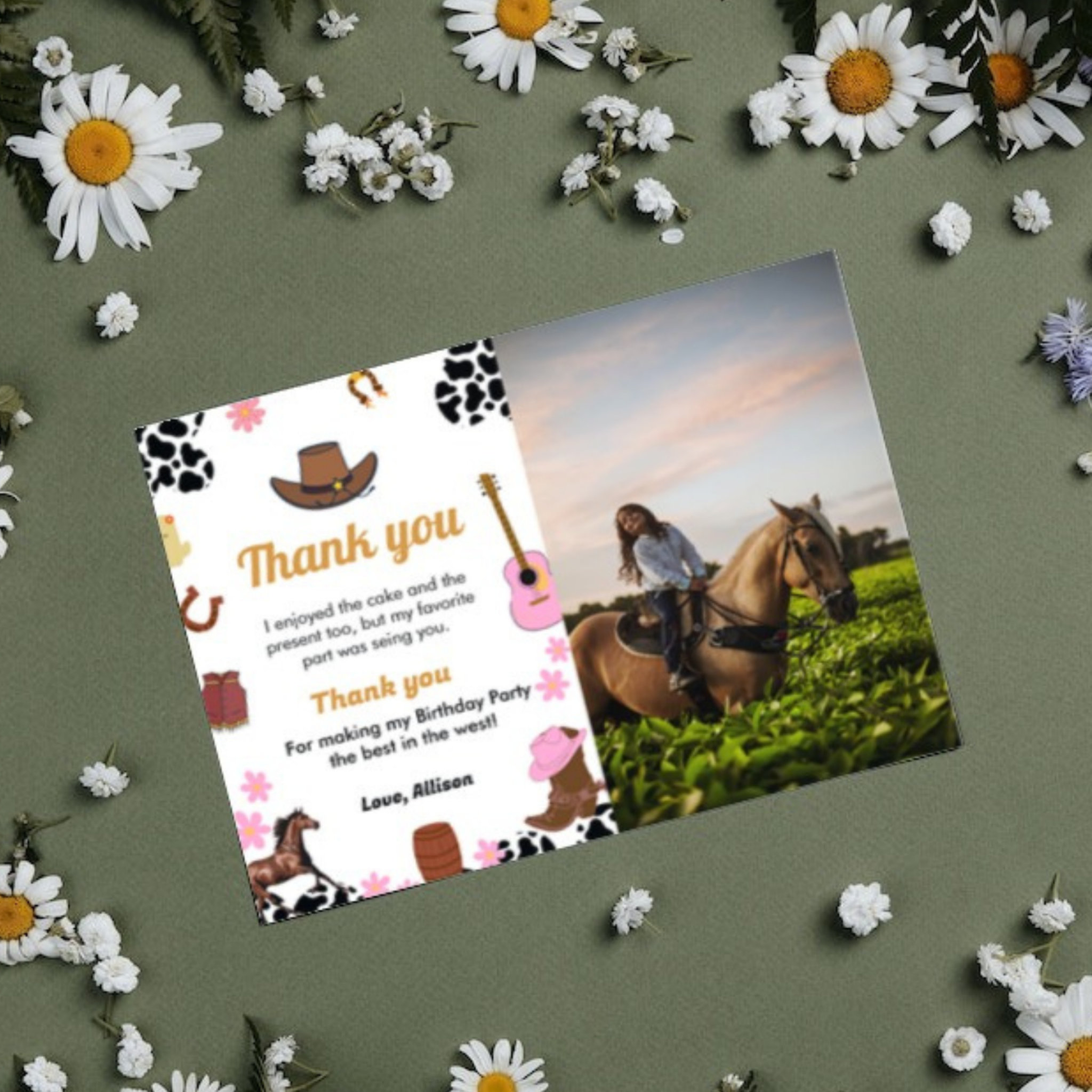 Wild west cowgirl birthday party thank you card