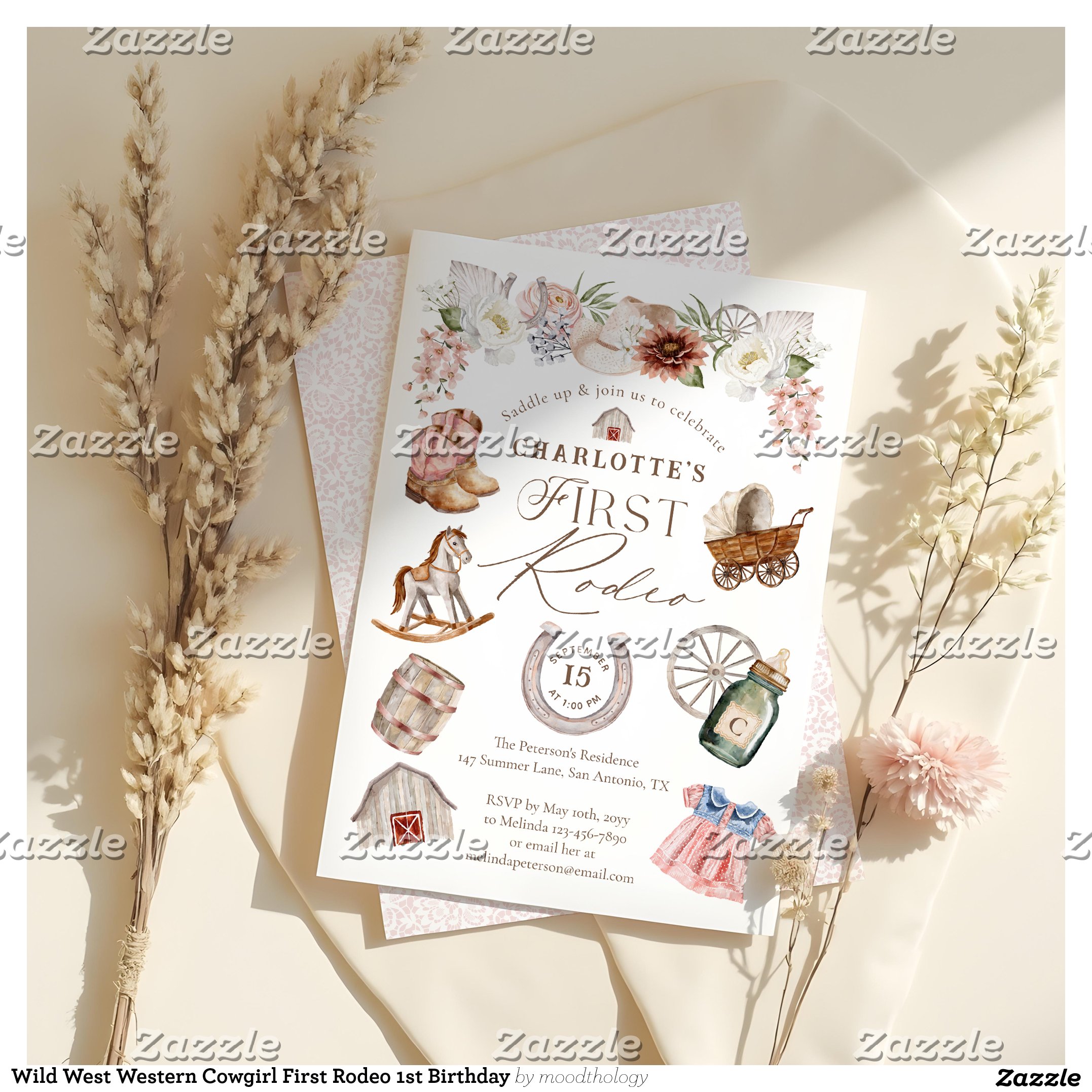 Wild West Western Cowgirl First Rodeo 1st Birthday Invitation