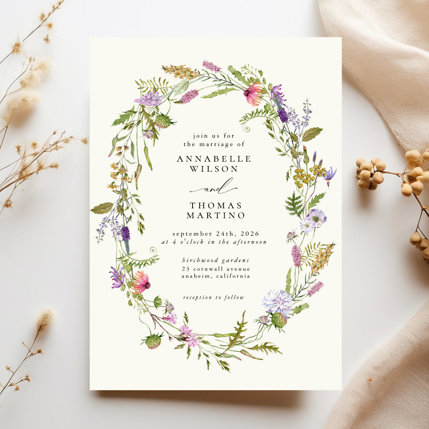 Wildflower Garden Wreath Greenery Wedding Invitation