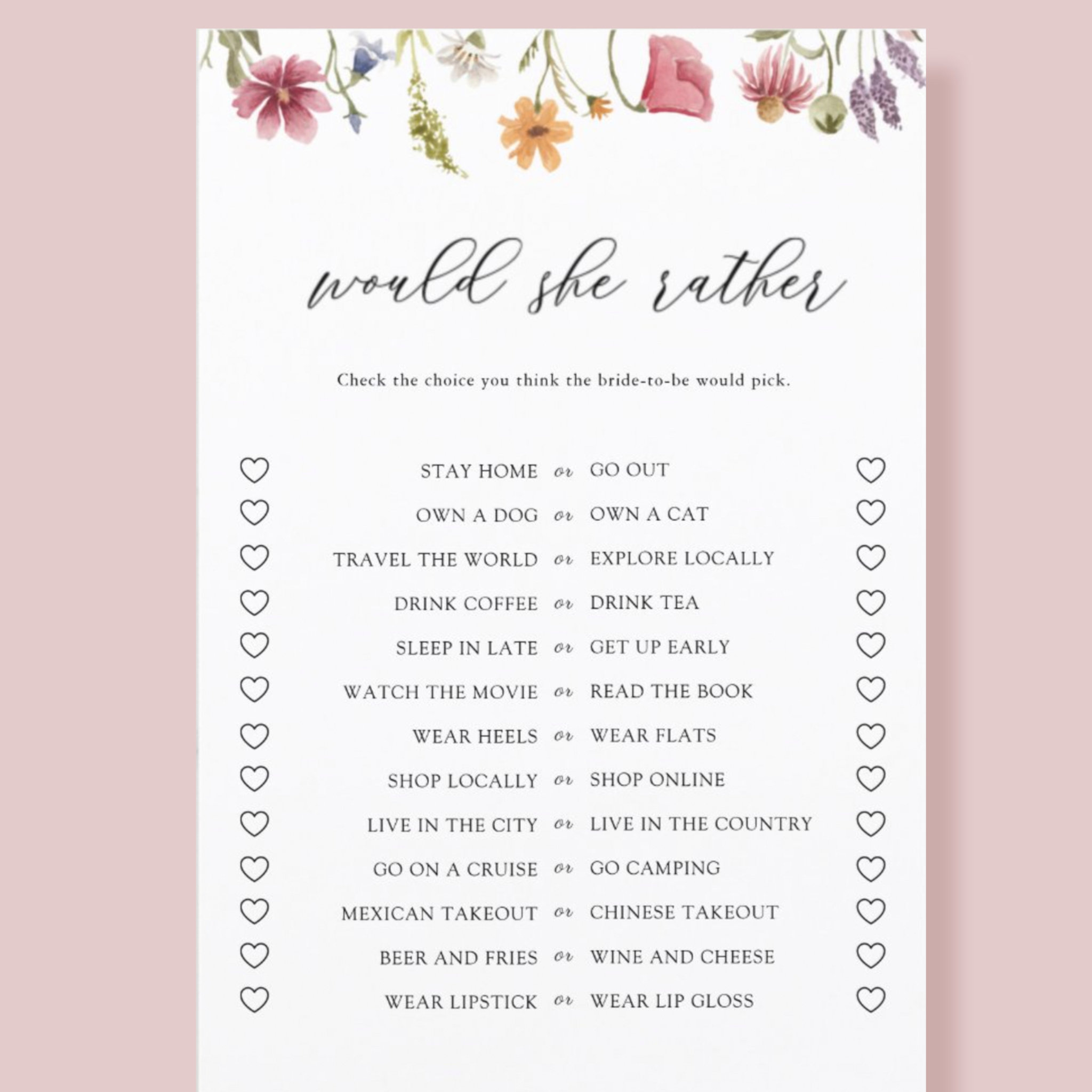 Wildflower Would She Rather Bridal Shower Game