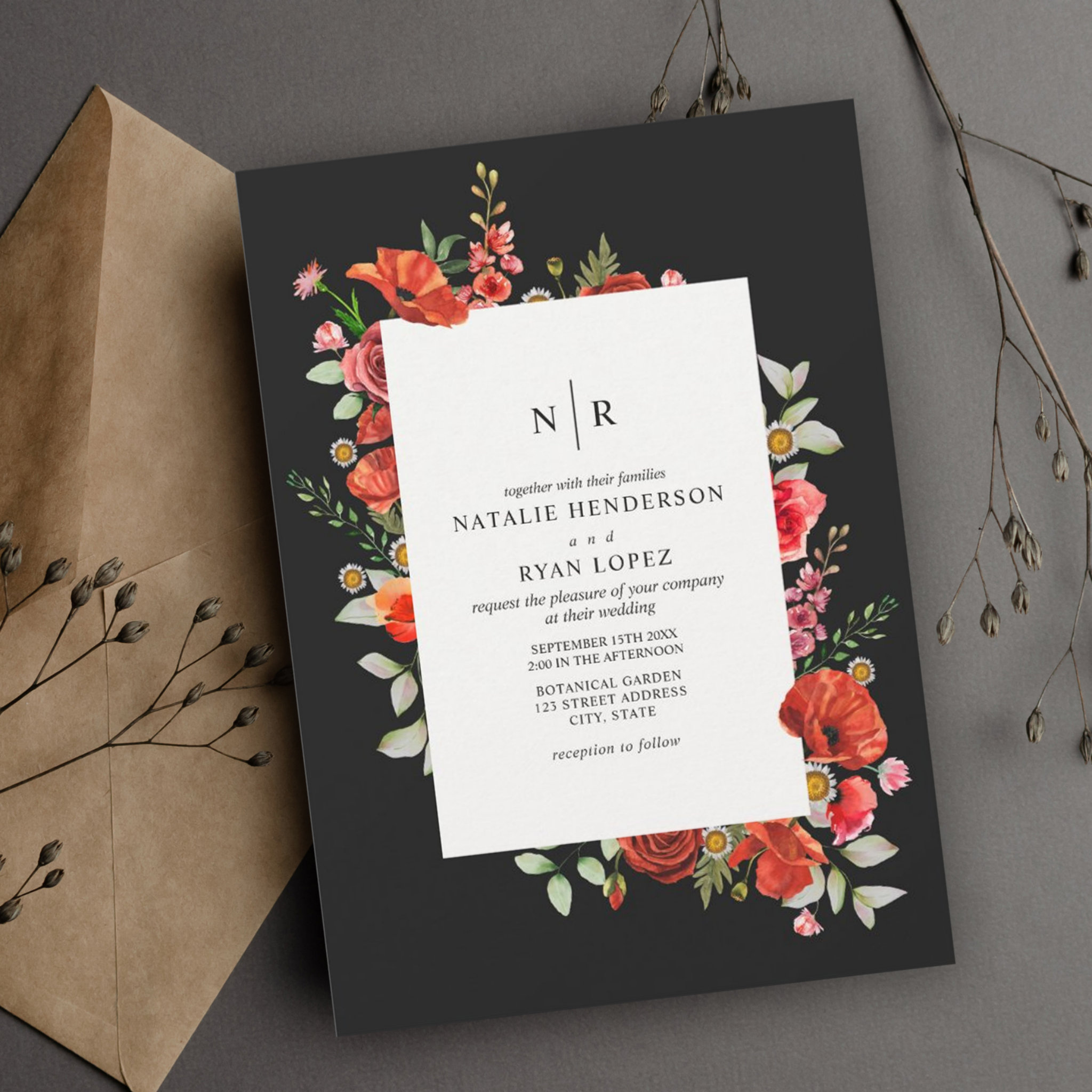 Wildflowers Red Poppy Floral Dark Wedding Invitation