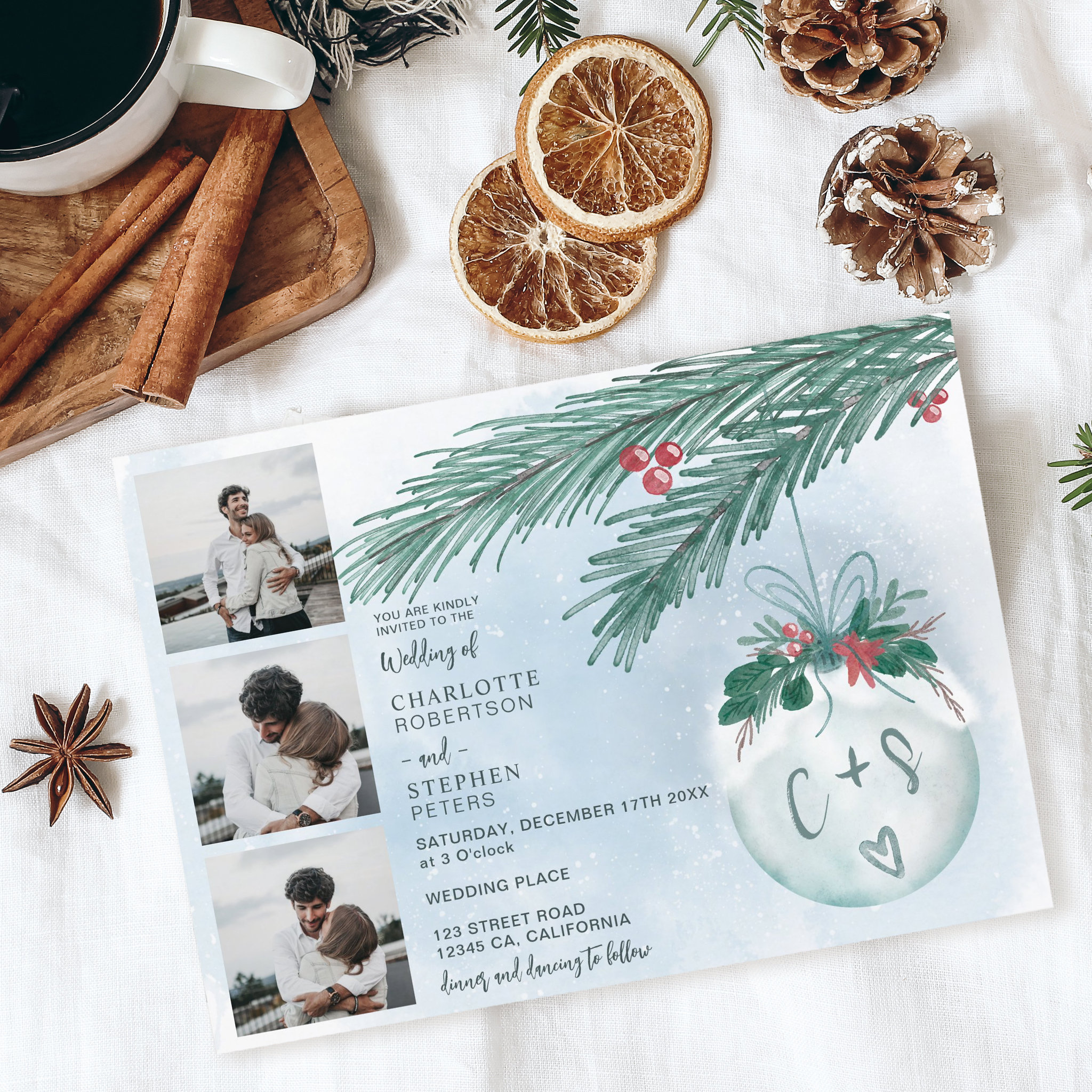 Winter Christmas wedding initials 4 photos grid Invitation