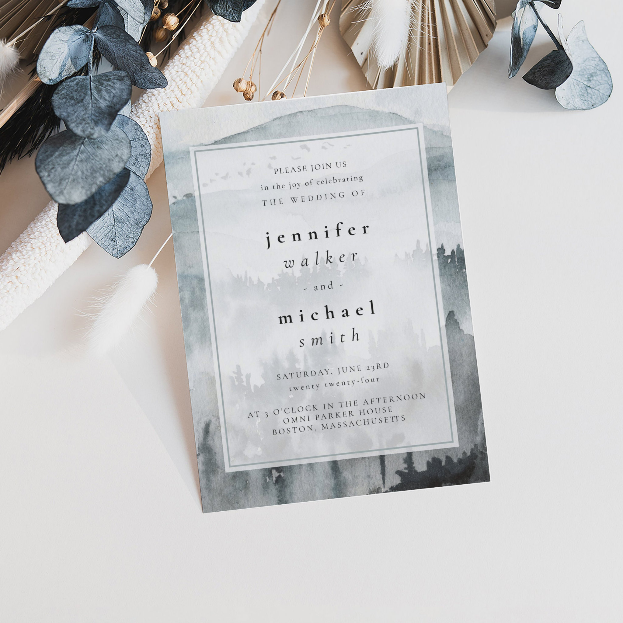 Winter Dusty Blue Mountain Minimalist Wedding  Invitation