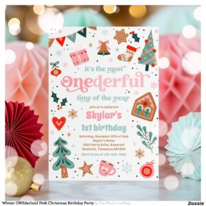 Winter ONEderland Pink Christmas Birthday Party Invitation