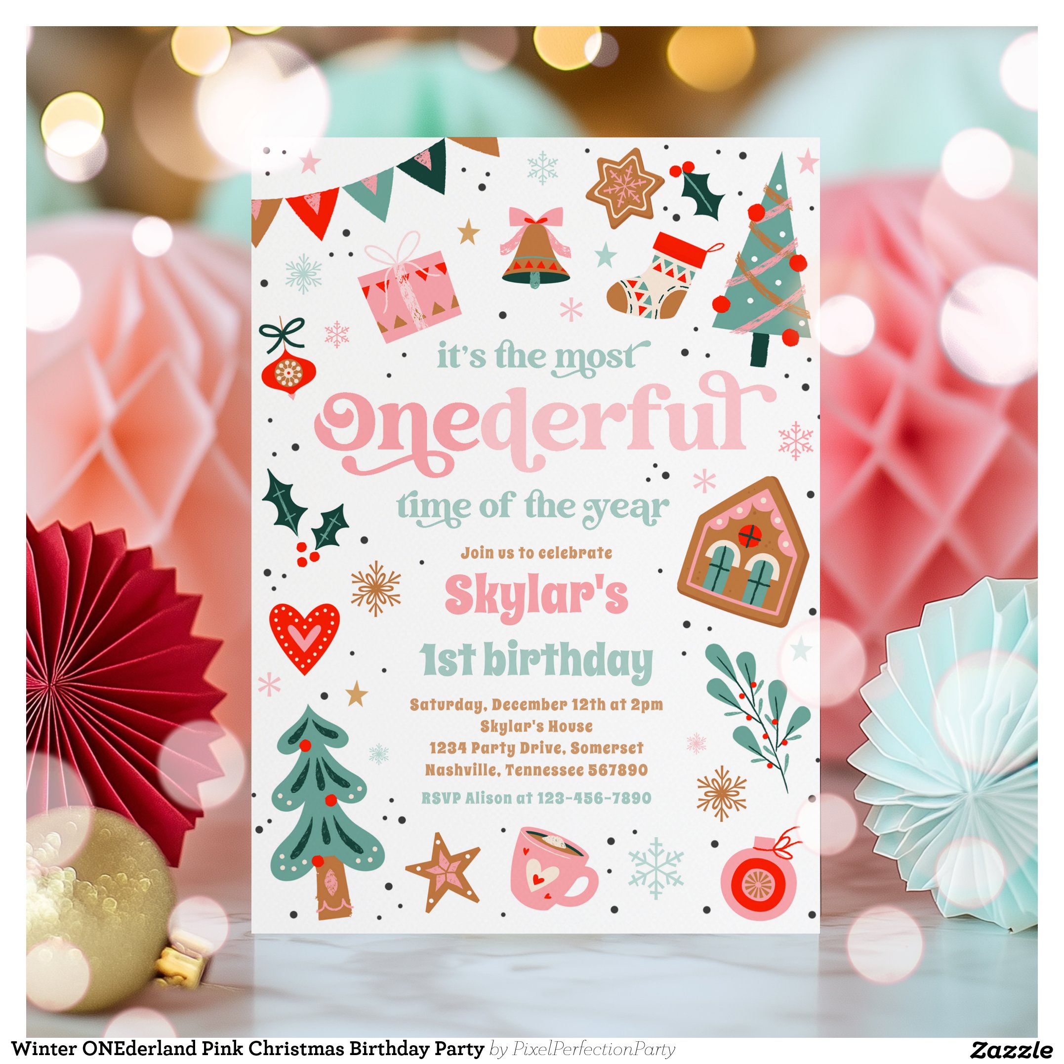 Winter ONEderland Pink Christmas Birthday Party Invitation
