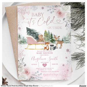 Winter Pastel Pink Snowflake Sleigh Baby Shower Invitation