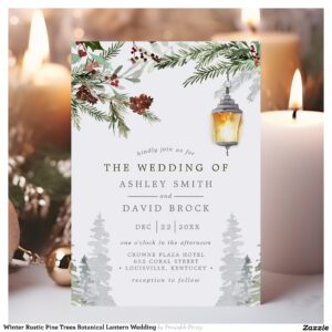 Winter Rustic Pine Trees Botanical Lantern Wedding Invitation