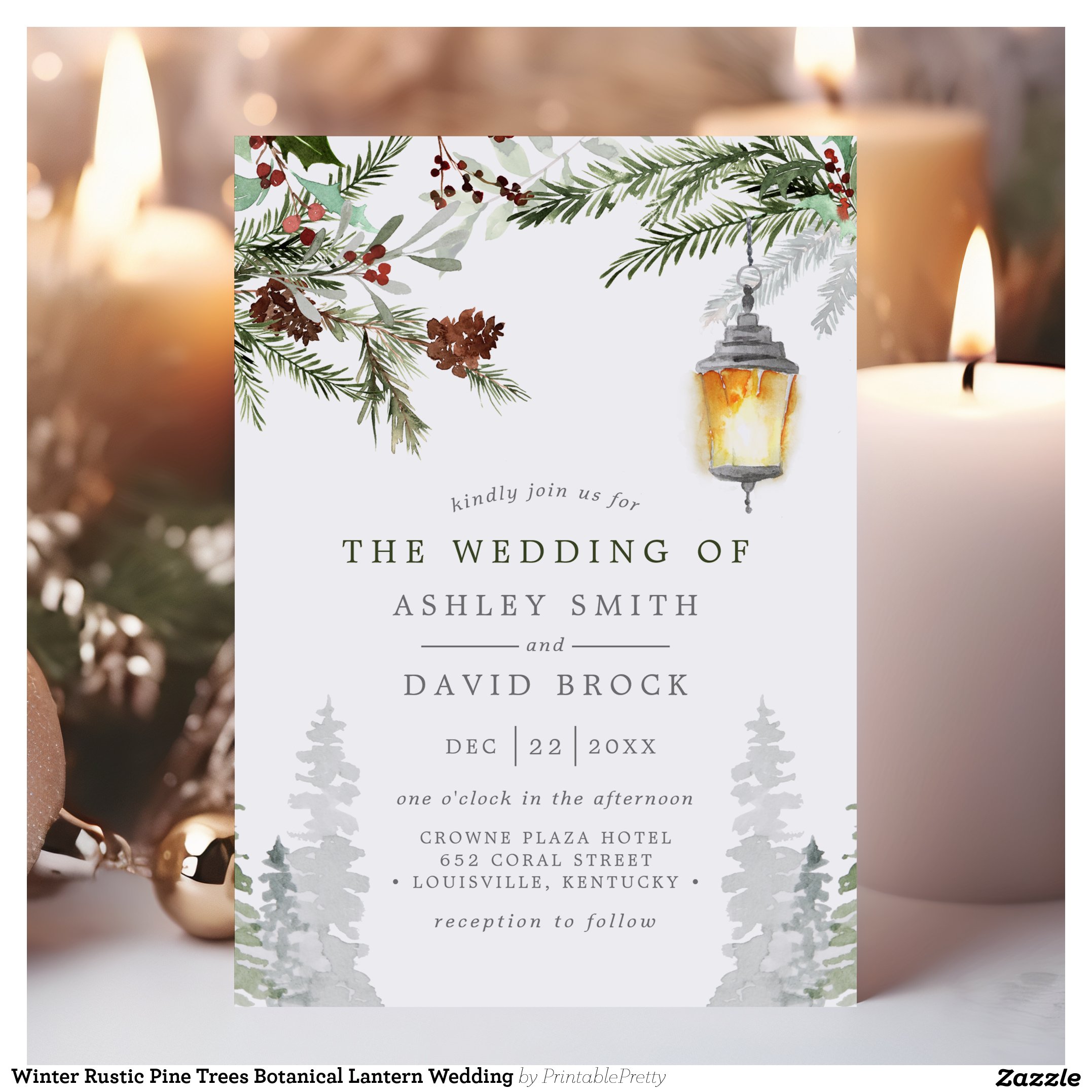 Winter Rustic Pine Trees Botanical Lantern Wedding Invitation