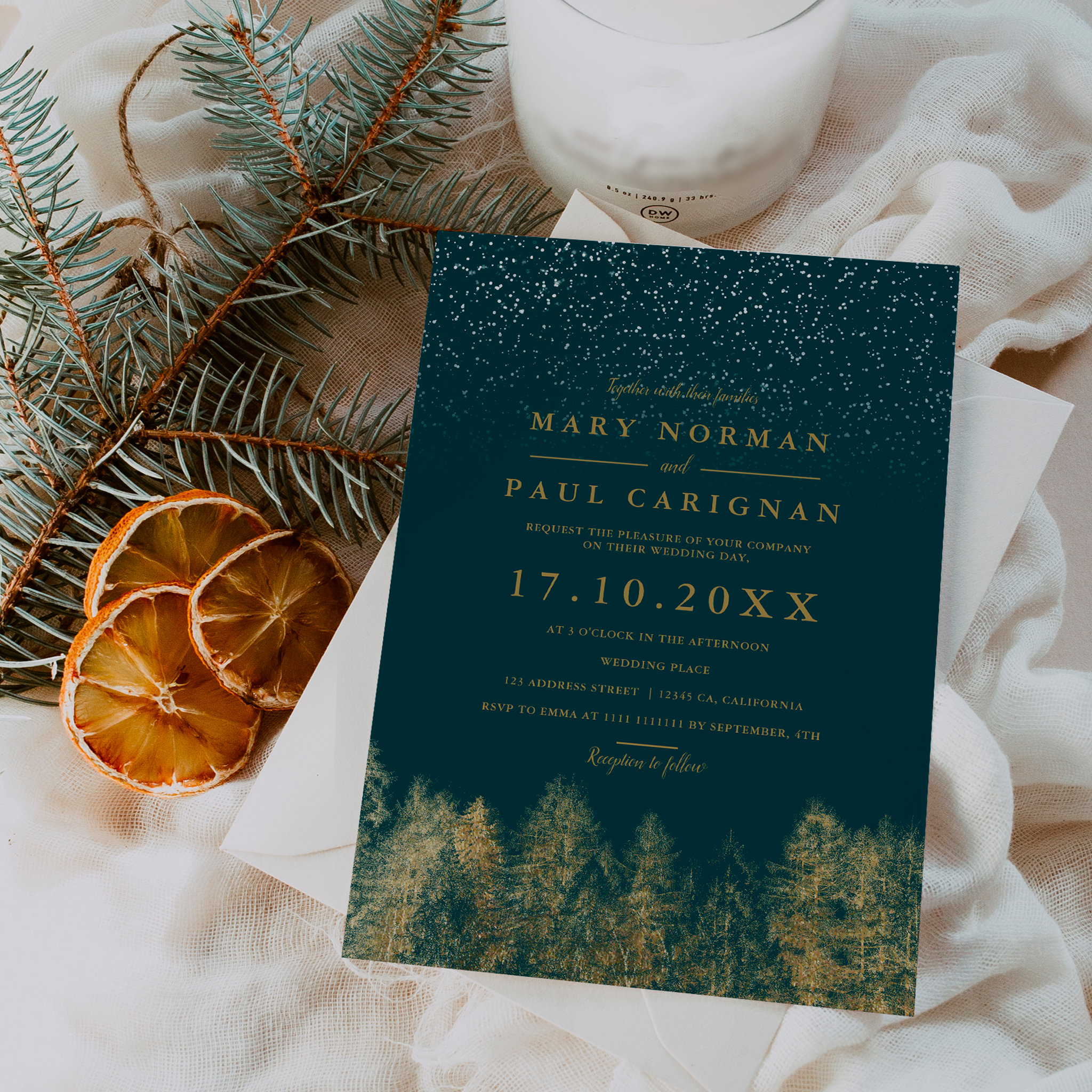 Winter snow greenpine forest blue wedding invitation