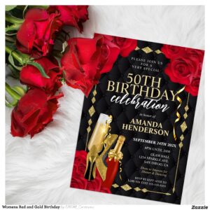 Womens Red and Gold Birthday Invitation