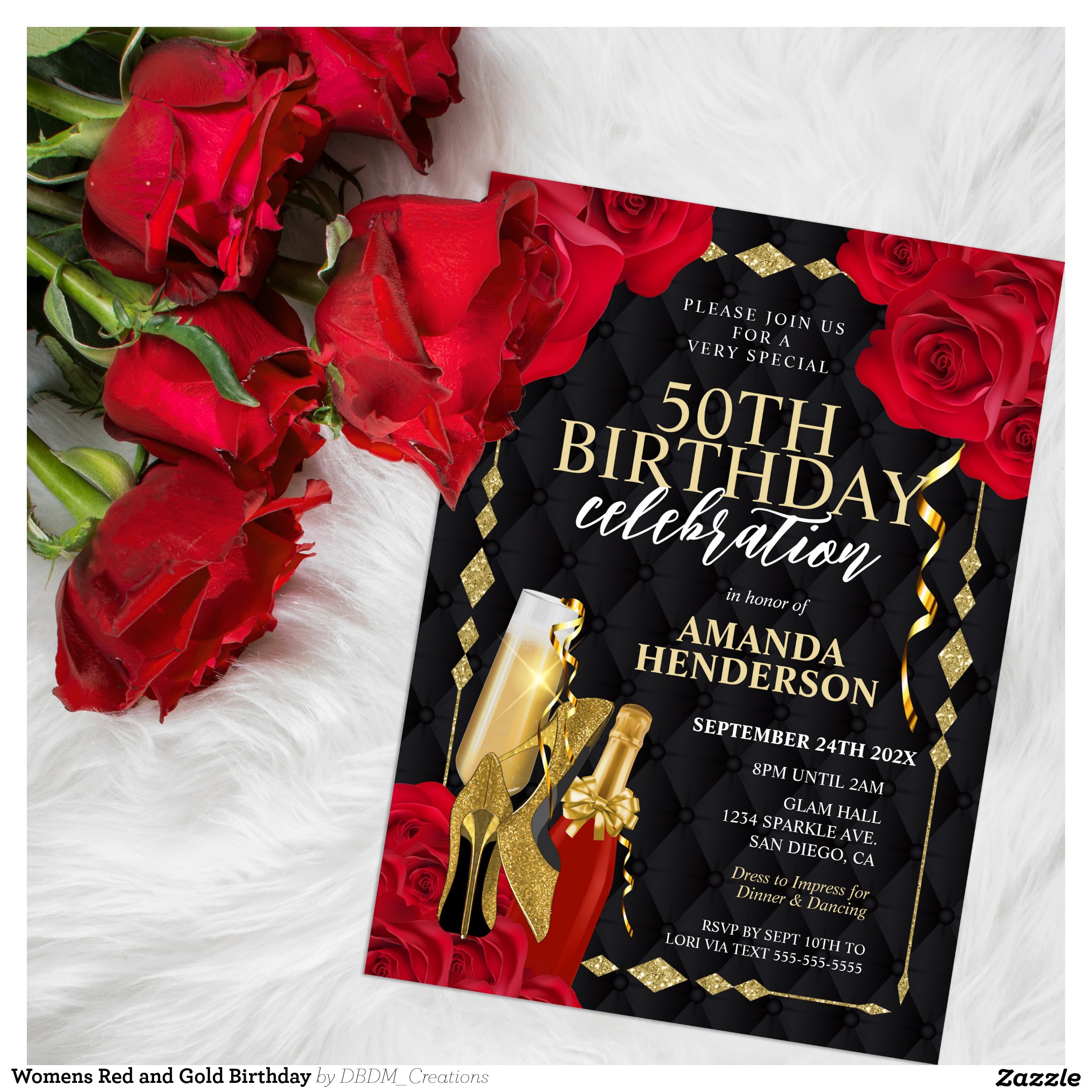 Womens Red and Gold Birthday Invitation
