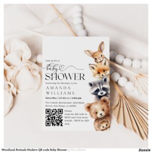 Woodland Animals Modern QR code Baby Shower Invitation
