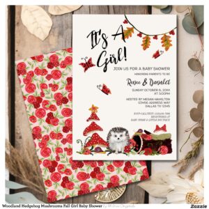 Woodland Hedgehog Mushrooms Fall Girl Baby Shower Invitation