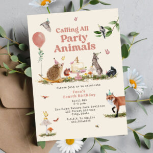 Woodland Party Animals Pink Birthday Party Invitation