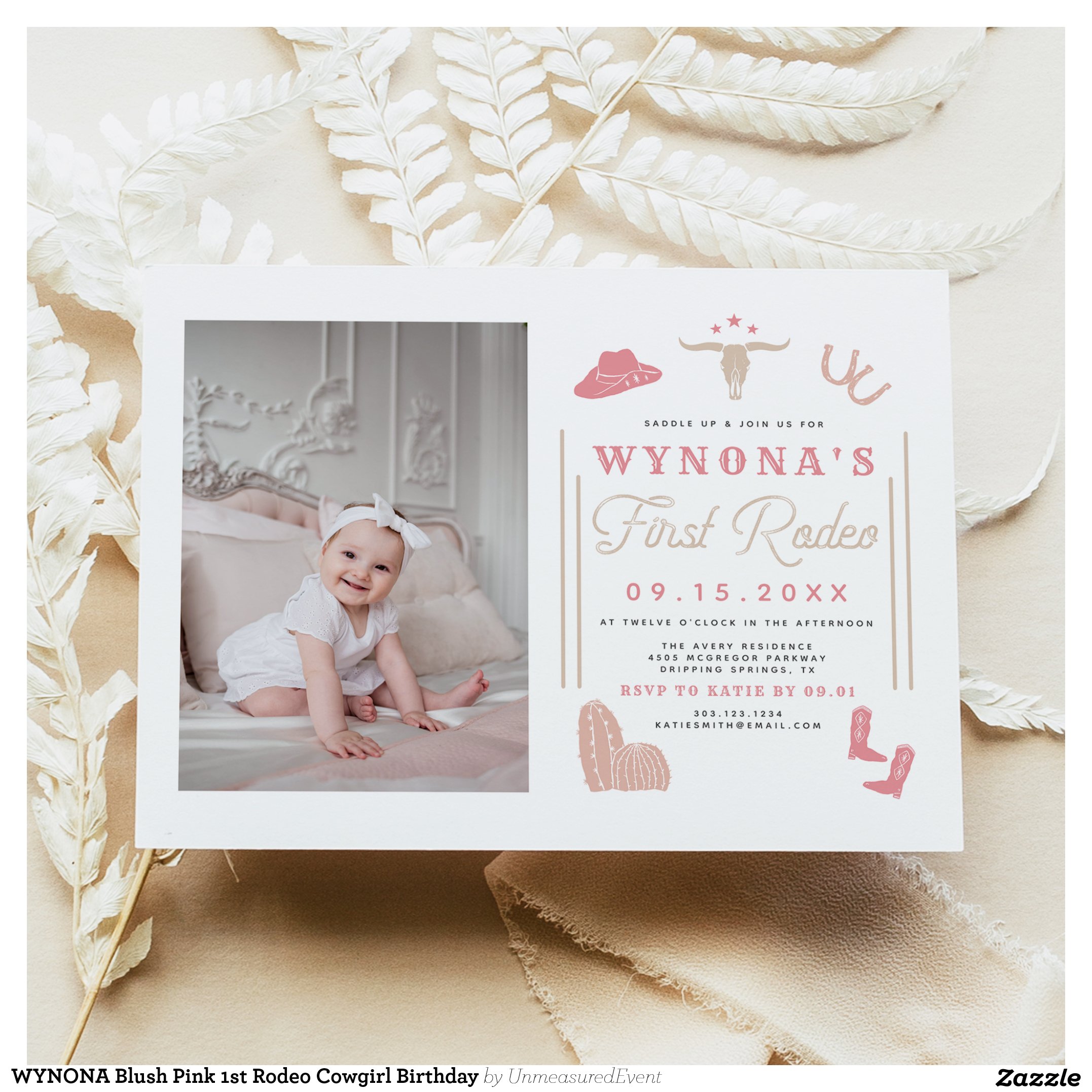 WYNONA Blush Pink 1st Rodeo Cowgirl Birthday Invitation