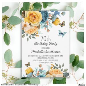 Yellow Dusty Blue Roses Butterflies 70th Birthday Invitation