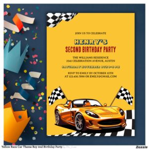 Yellow Race Car Theme Boy 2nd Birthday Party Invitation