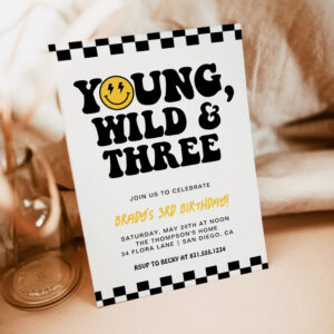 Young, Wild & Three, 3rd Birthday Smiley Face Bolt Invitation